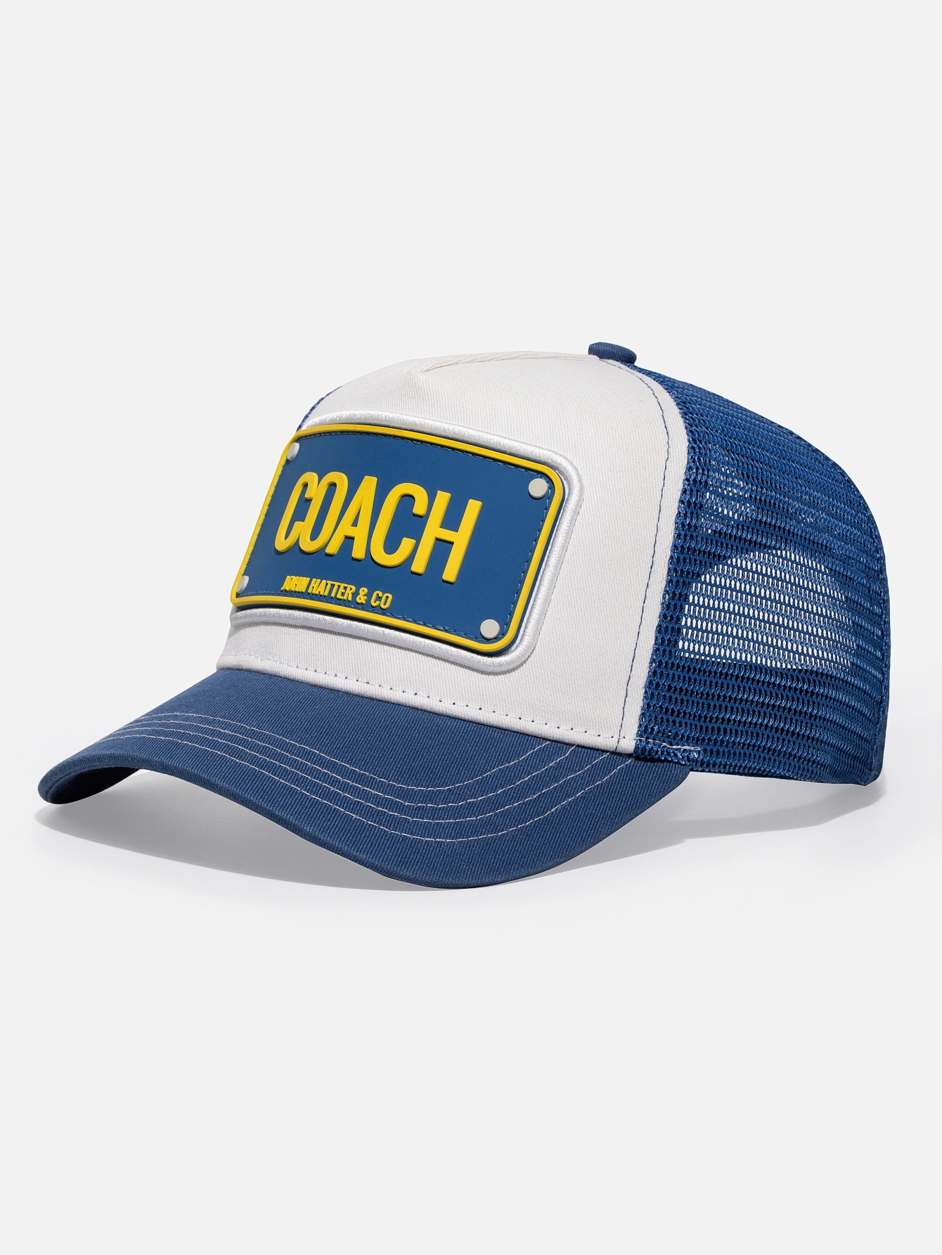 Blue and white COACH trucker cap with yellow lettering and rubber patch by John Hatter and Co