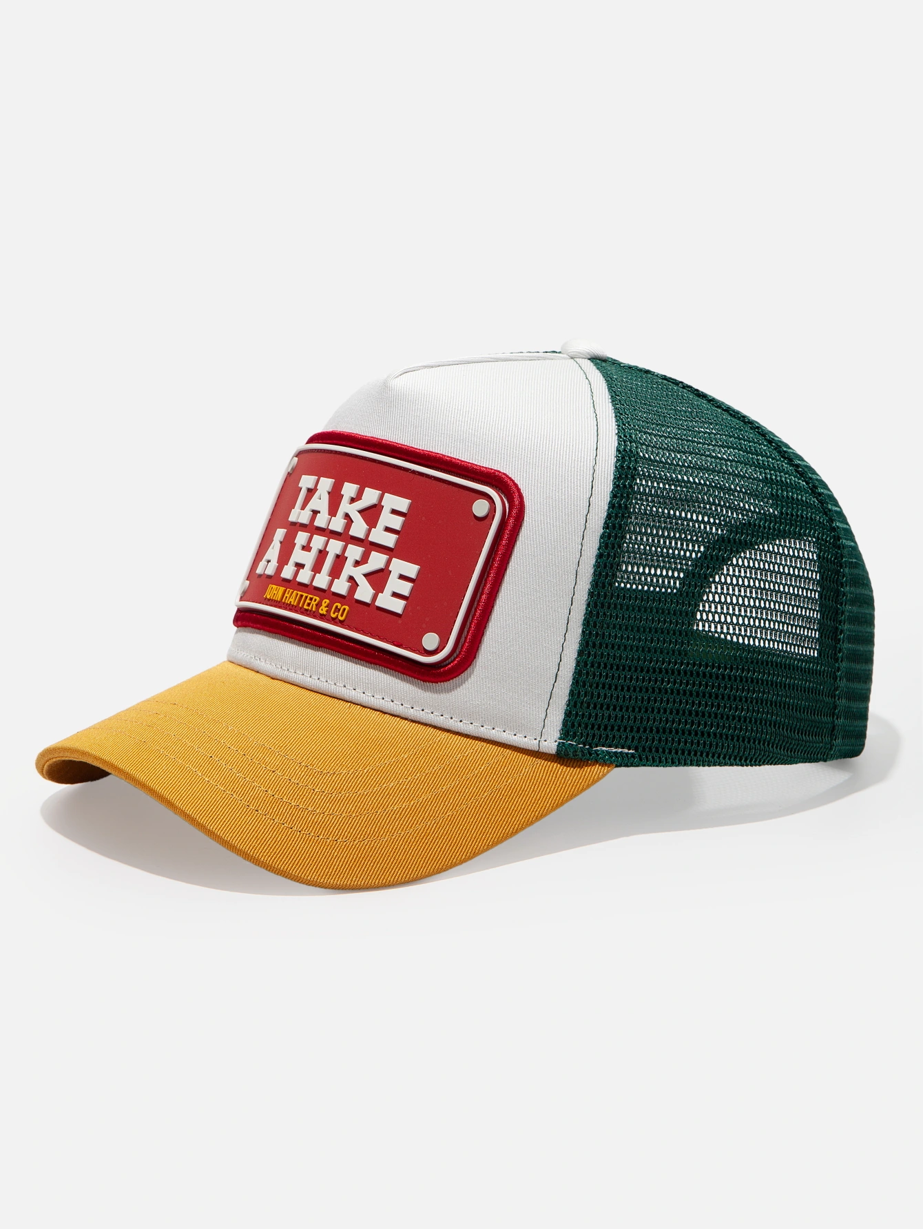 Green white and yellow Take a Hike cap from John Hatter FW26