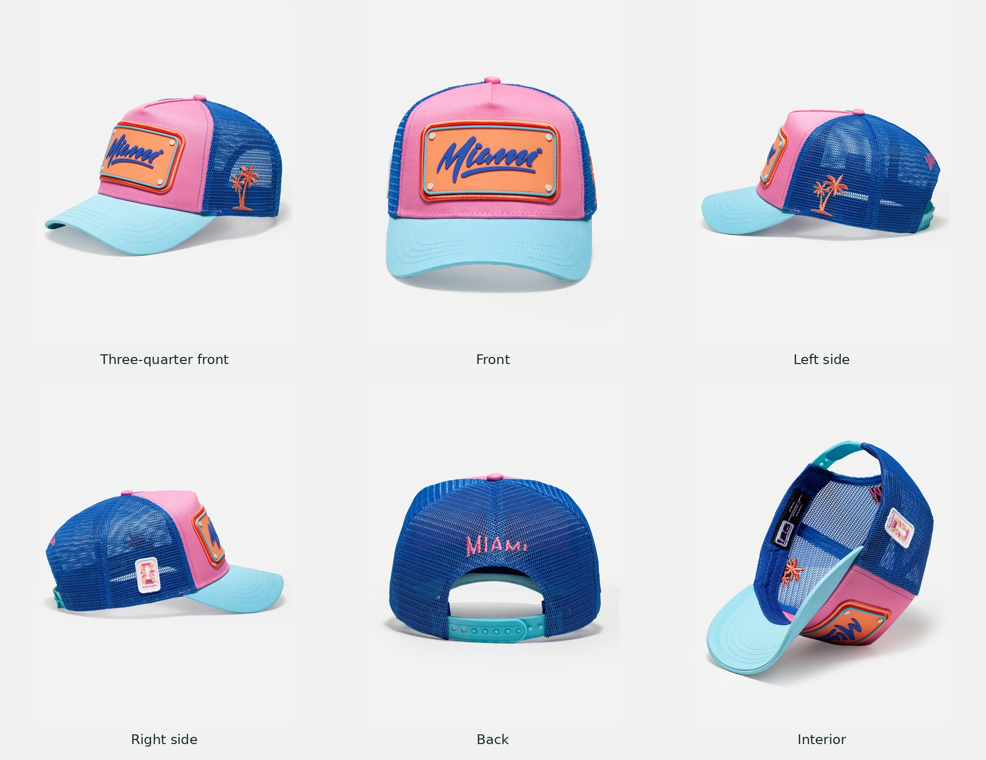 Miami Stadium Exclusive cap from six angles: three-quarter front, front, both sides, back and interior